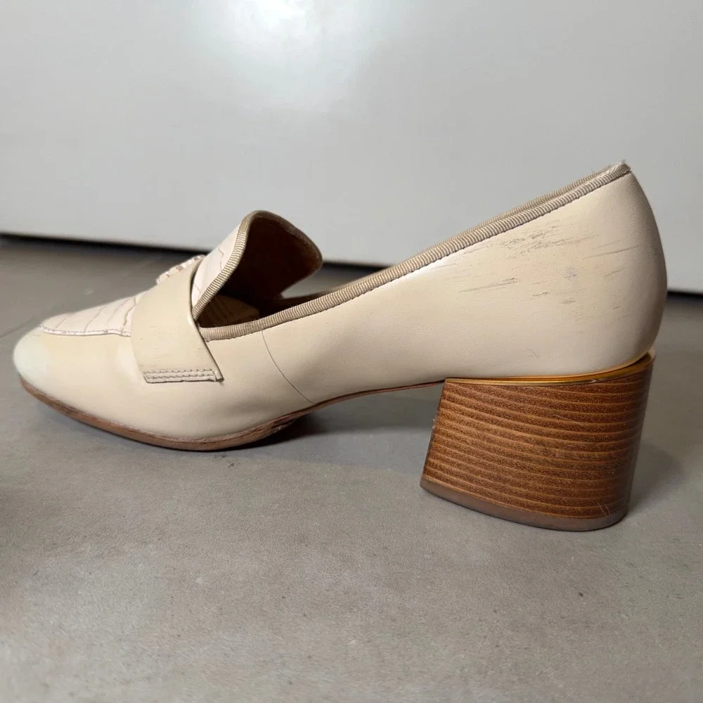 Tory Burch Everly Loafers 8M Cream Leather Block Heel Croc Double T Professional